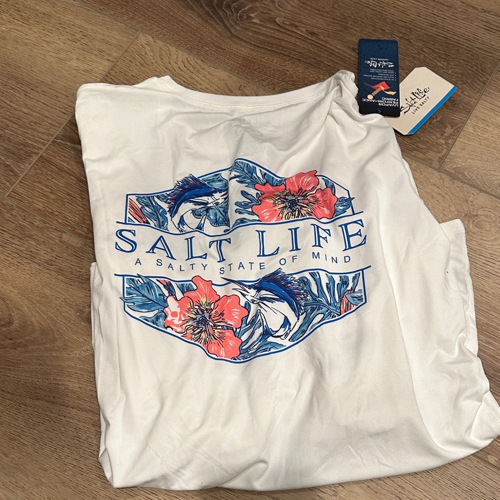 Salt Life White Tee with Blue and Red Floral Design UV - Picture 1 of 3
